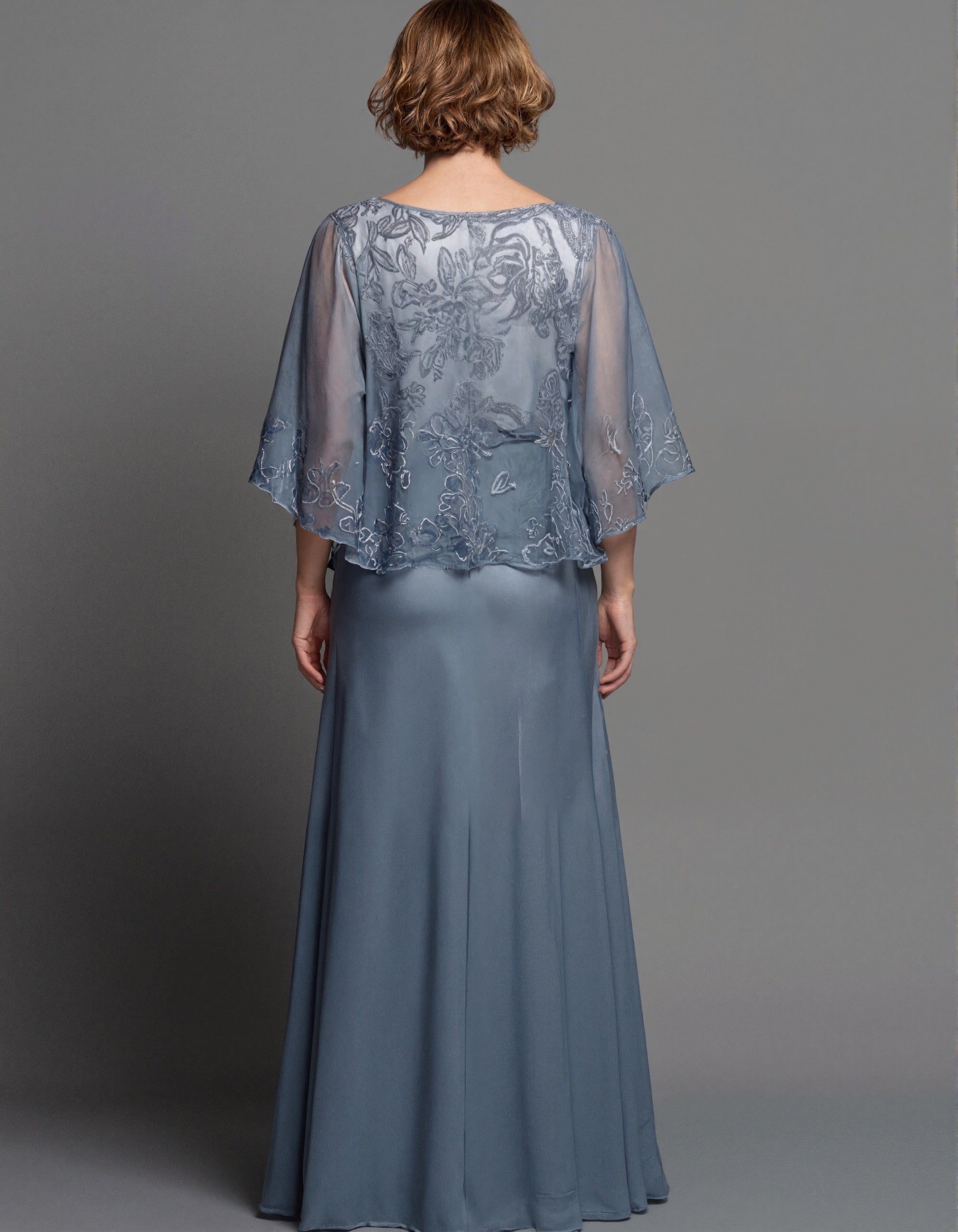 Blue Grey Lace Chiffon Shawl Sleeves Maxi Dress