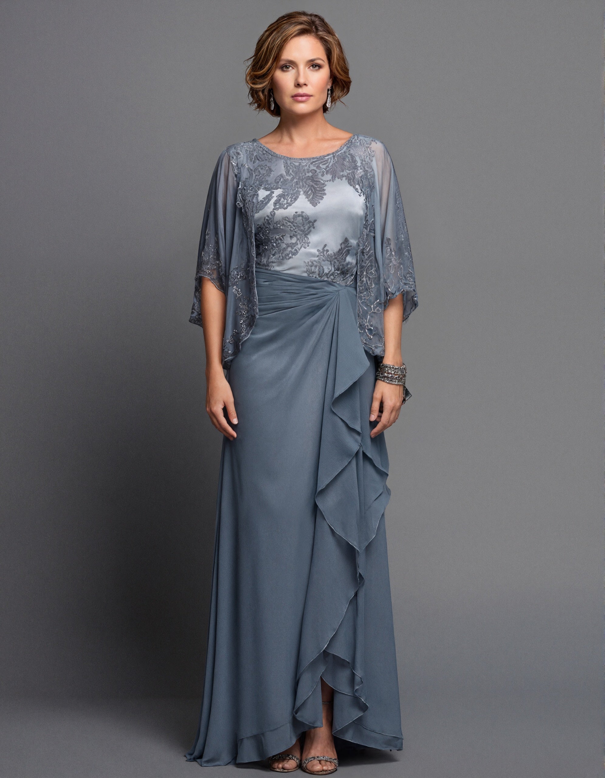 Blue Grey Lace Chiffon Shawl Sleeves Maxi Dress