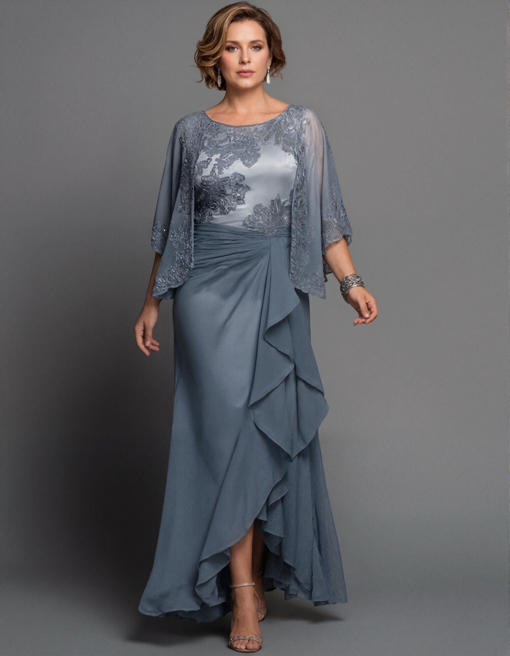 Blue Grey Lace Chiffon Shawl Sleeves Maxi Dress