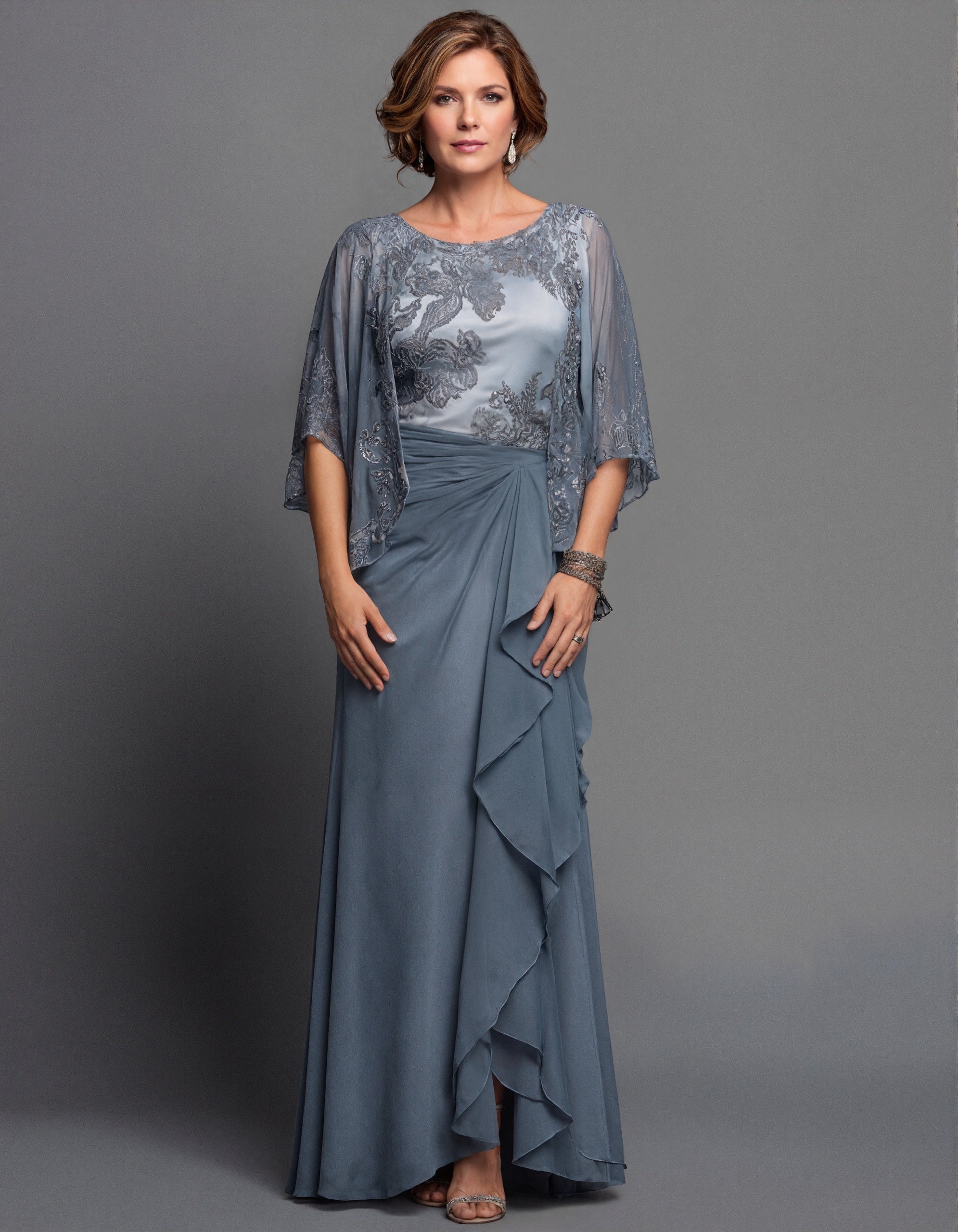 Blue Grey Lace Chiffon Shawl Sleeves Maxi Dress