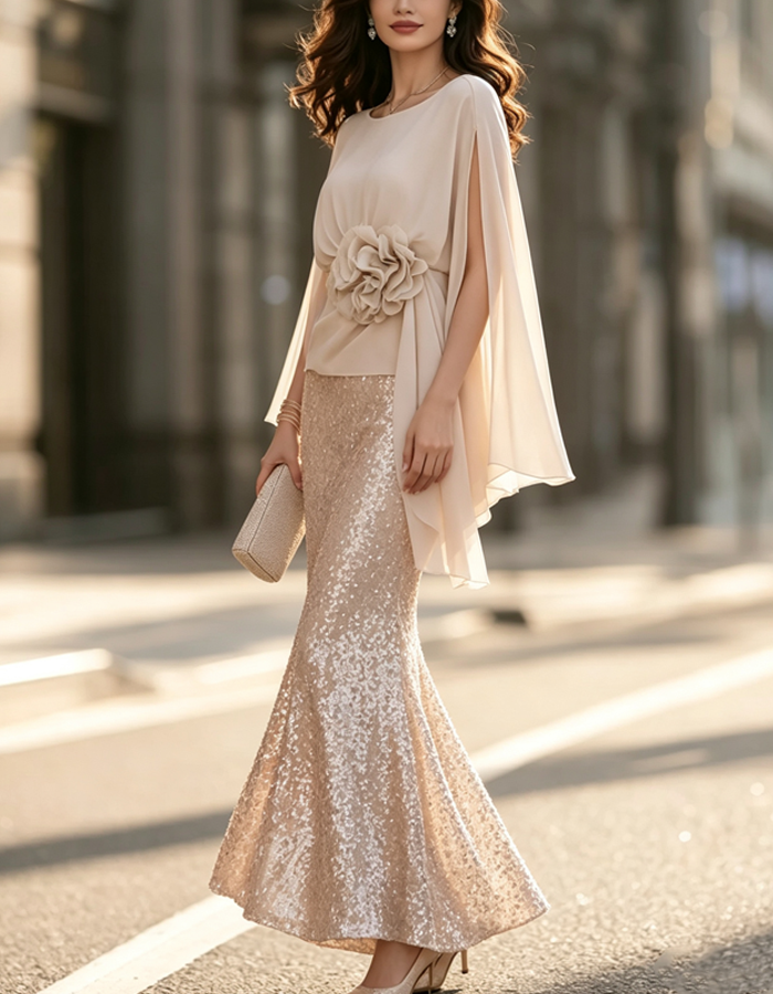 Champagnerbeiges zweiteiliges Set aus Chiffon mit Cape-Ärmeln, Pailletten und Meerjungfrauen-Schnitt