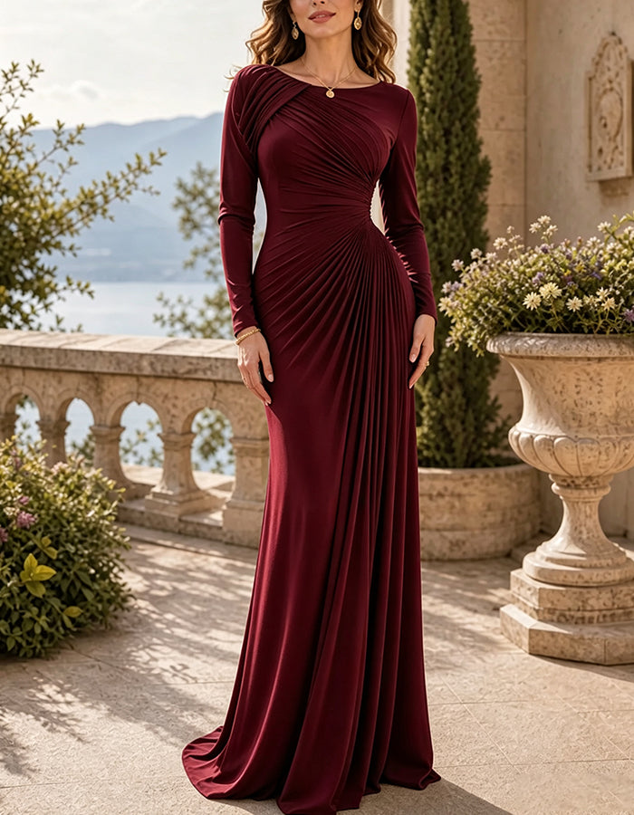 Maxikleid mit Rundhalsausschnitt, langen Ärmeln, Sunburst-Muster und Plisseefalten