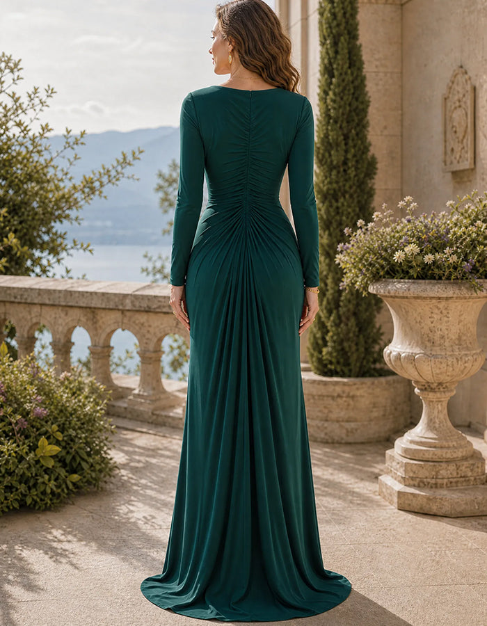 Maxikleid mit Rundhalsausschnitt, langen Ärmeln, Sunburst-Muster und Plisseefalten