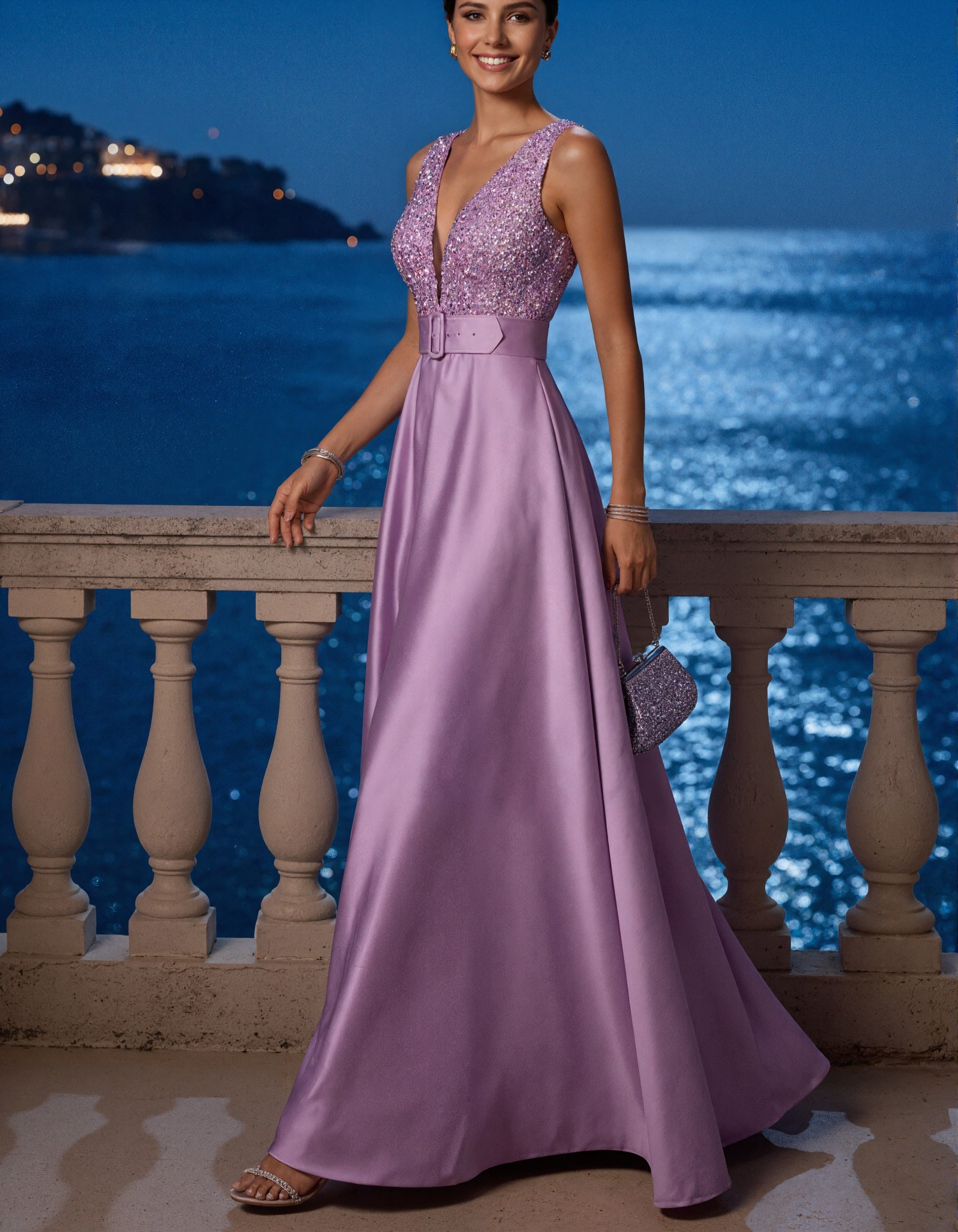 Lavendelfarbenes ärmelloses Satin-Maxikleid mit Pailletten und V-Ausschnitt