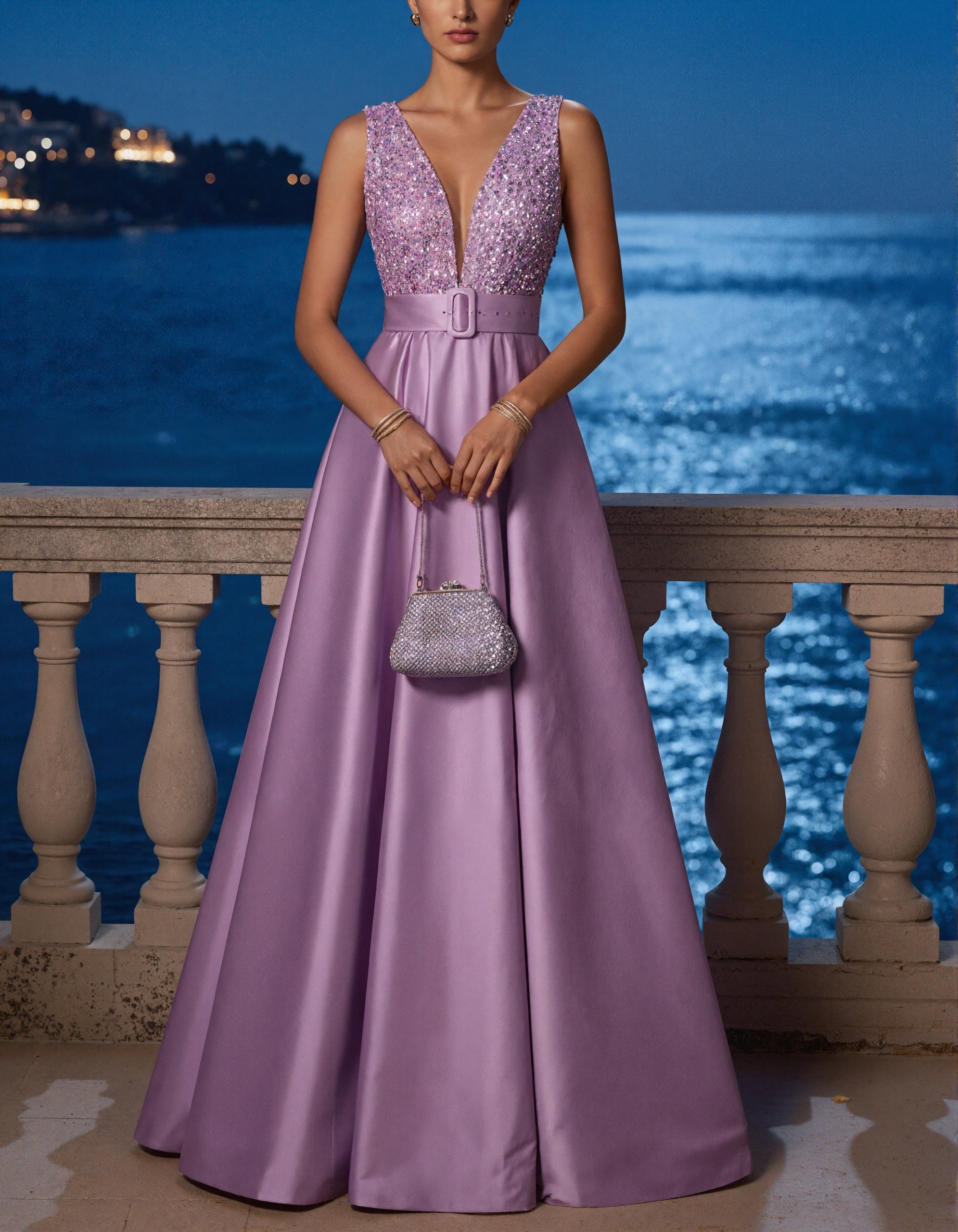 Lavendelfarbenes ärmelloses Satin-Maxikleid mit Pailletten und V-Ausschnitt
