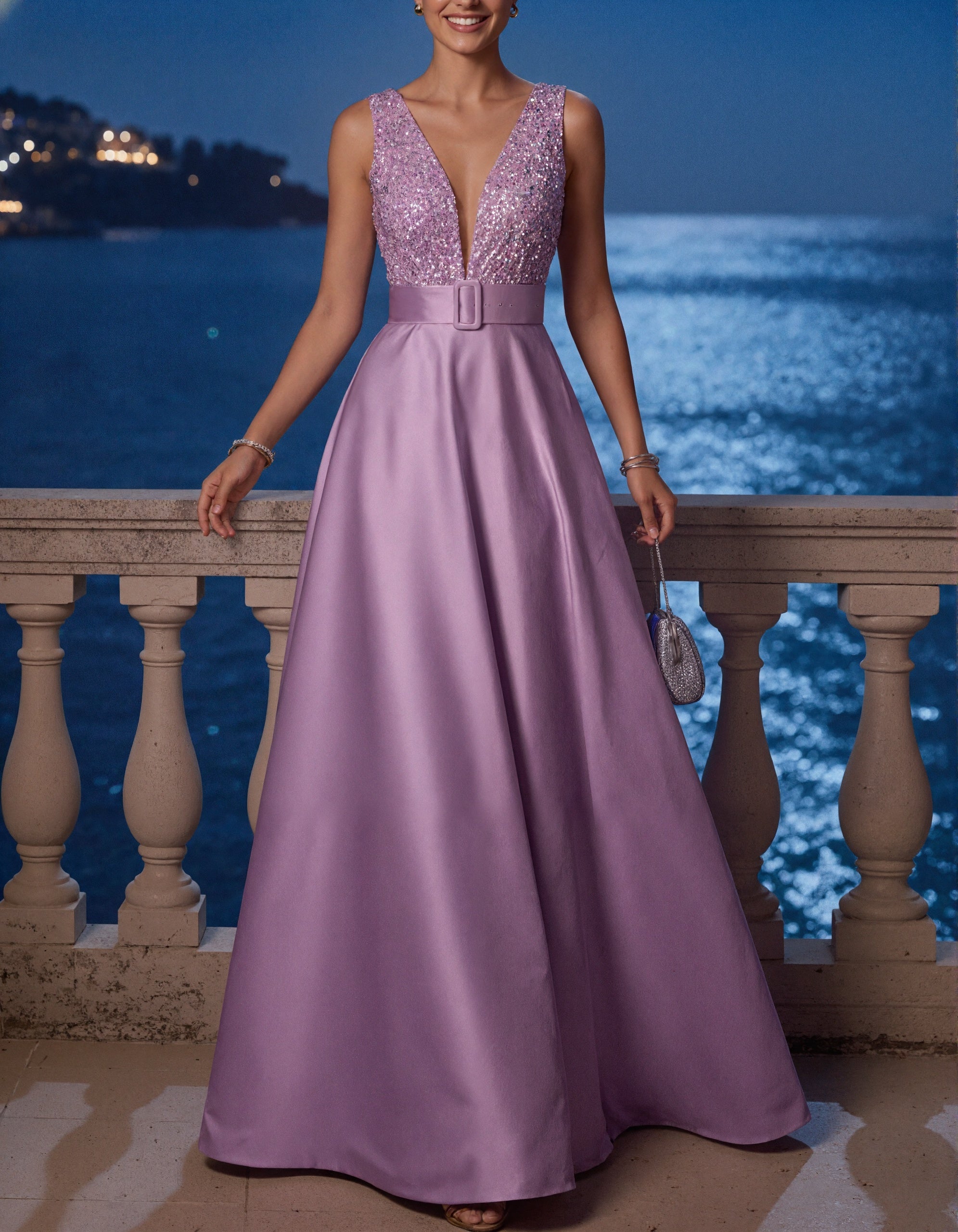 Lavendelfarbenes ärmelloses Satin-Maxikleid mit Pailletten und V-Ausschnitt
