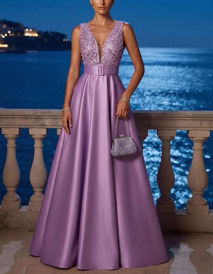 Lavendelfarbenes ärmelloses Satin-Maxikleid mit Pailletten und V-Ausschnitt