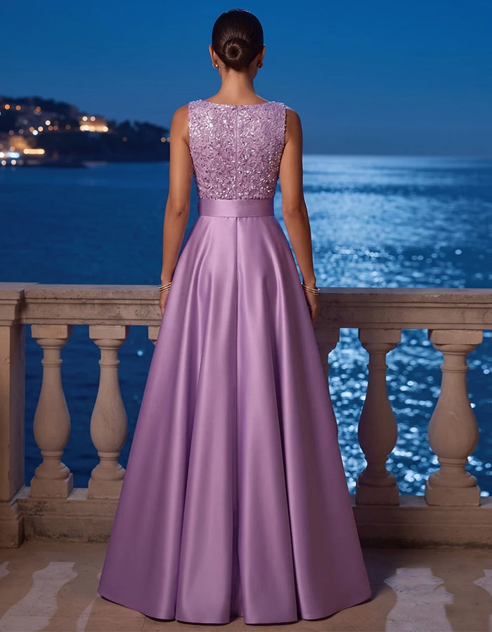 Lavendelfarbenes ärmelloses Satin-Maxikleid mit Pailletten und V-Ausschnitt