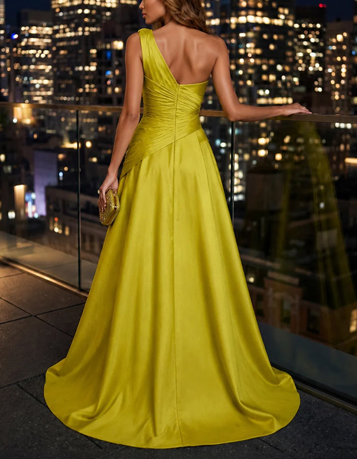 Gelbgrünes Satin-Maxikleid mit einer Schulter und 3D-Blume