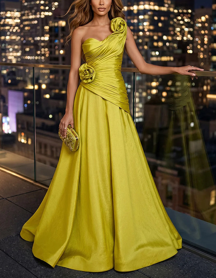 Gelbgrünes Satin-Maxikleid mit einer Schulter und 3D-Blume