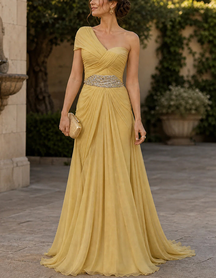 One-Shoulder-Maxikleid aus Chiffon mit Volantsärmeln und Pailletten-Taillenpartie