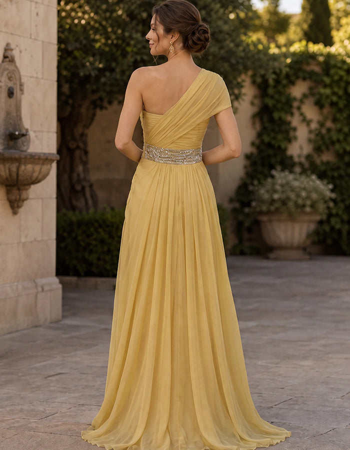 One-Shoulder-Maxikleid aus Chiffon mit Volantsärmeln und Pailletten-Taillenpartie