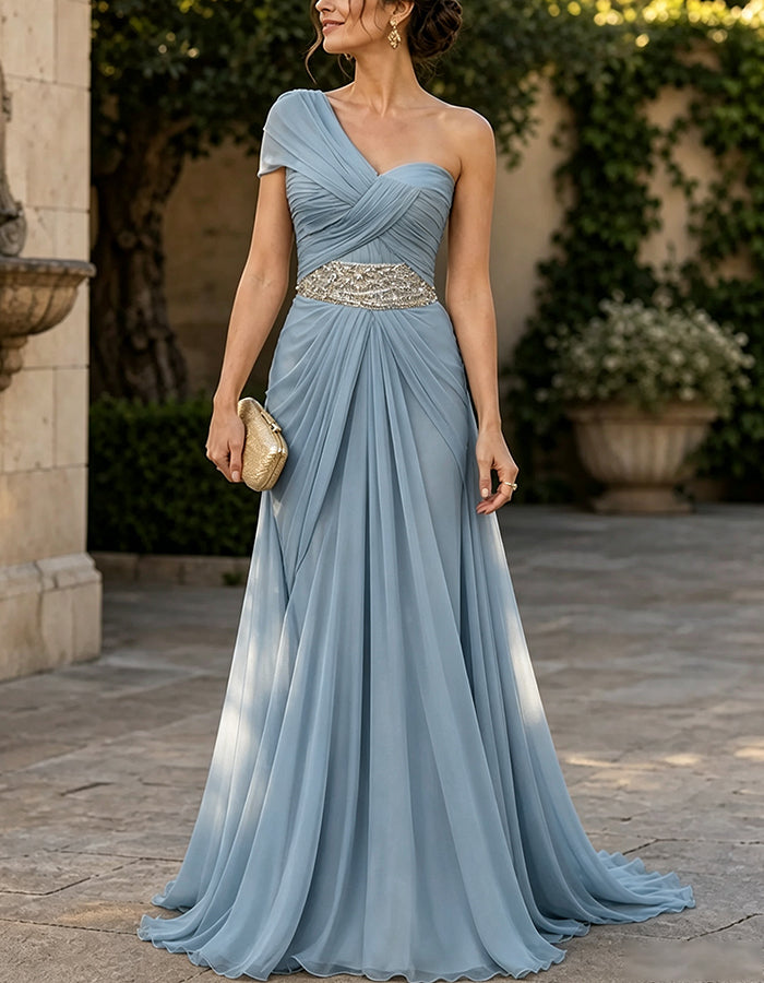 One-Shoulder-Maxikleid aus Chiffon mit Volantsärmeln und Pailletten-Taillenpartie