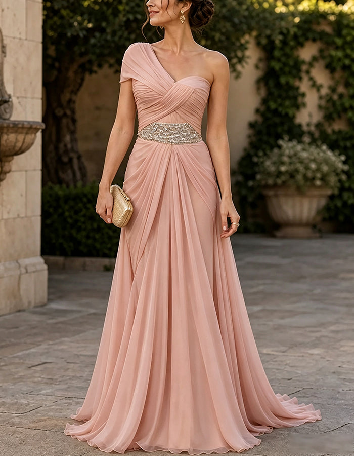 One-Shoulder-Maxikleid aus Chiffon mit Volantsärmeln und Pailletten-Taillenpartie