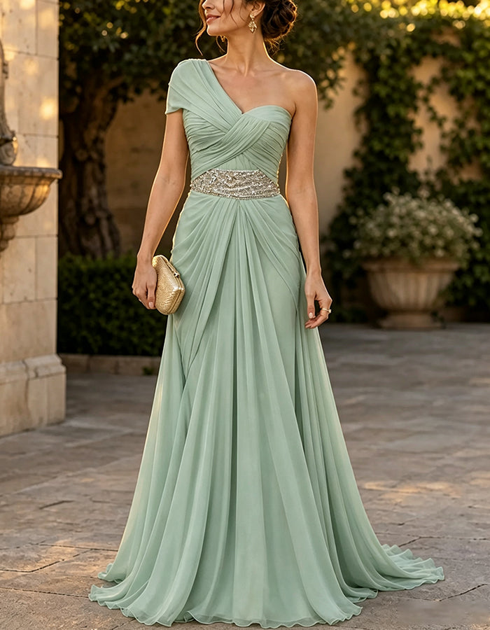 One-Shoulder-Maxikleid aus Chiffon mit Volantsärmeln und Pailletten-Taillenpartie