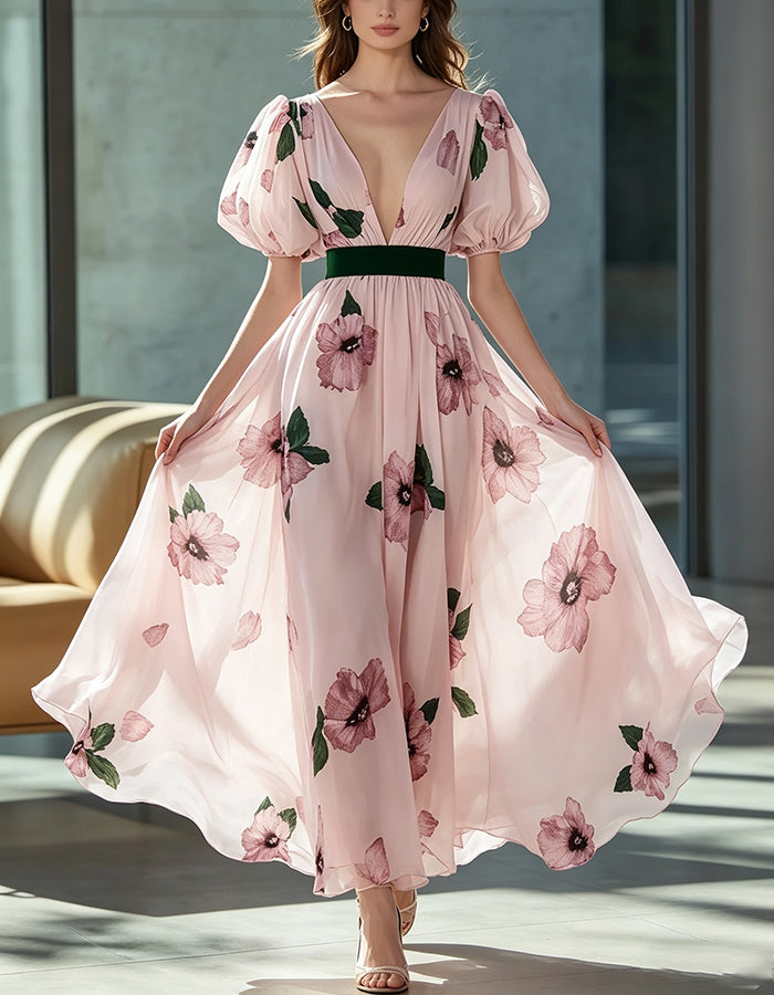 Maxikleid aus Chiffon mit rosafarbenem Blumenmuster, tiefem V-Ausschnitt und Puffärmeln