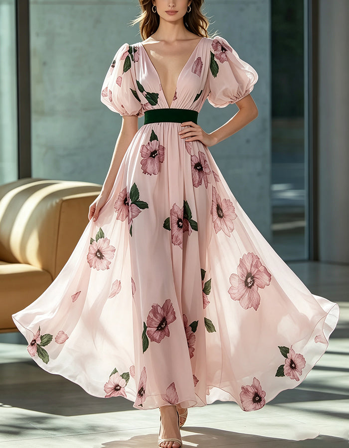 Maxikleid aus Chiffon mit rosafarbenem Blumenmuster, tiefem V-Ausschnitt und Puffärmeln