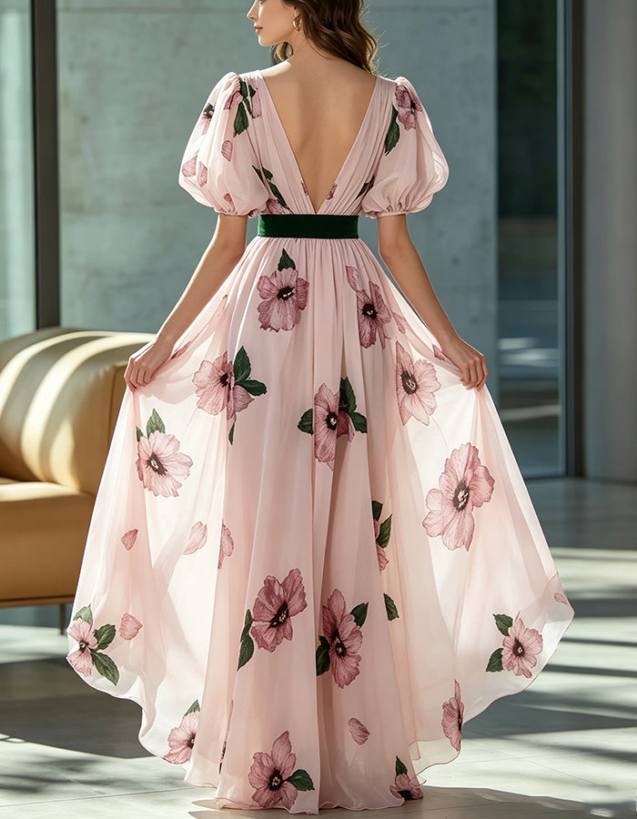 Maxikleid aus Chiffon mit rosafarbenem Blumenmuster, tiefem V-Ausschnitt und Puffärmeln