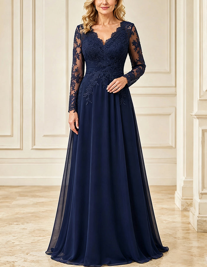 Abito maxi svasato in chiffon blu navy con scollo a V e maniche lunghe in pizzo