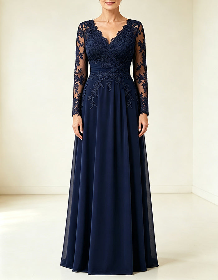 Abito maxi svasato in chiffon blu navy con scollo a V e maniche lunghe in pizzo