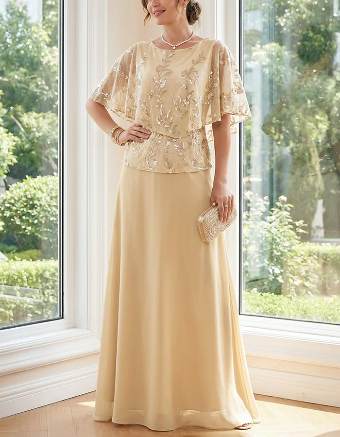 Champagnerfarbenes Maxikleid aus Pailletten-Chiffon mit rundem Ausschnitt und Cape-Ärmeln