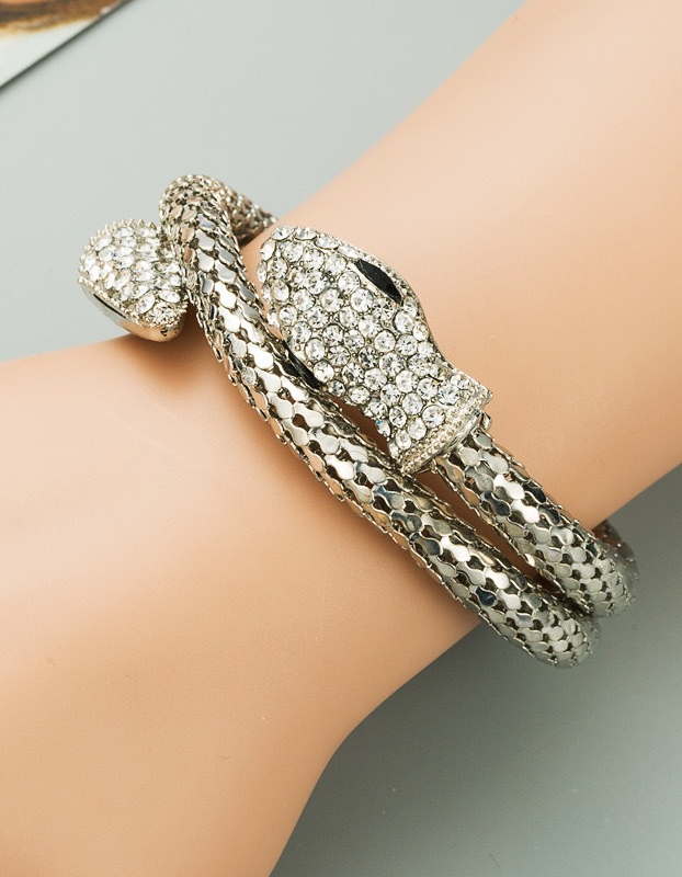 Bracciale rigido a serpente in lega, impreziosito da strass, per donna, da sera