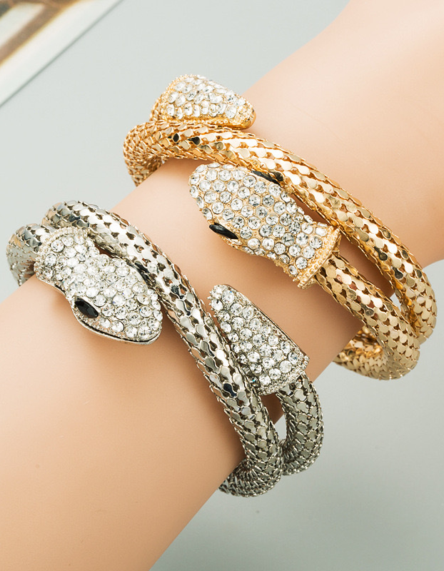 Bracciale rigido a serpente in lega, impreziosito da strass, per donna, da sera
