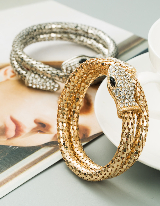 Bracciale rigido a serpente in lega, impreziosito da strass, per donna, da sera