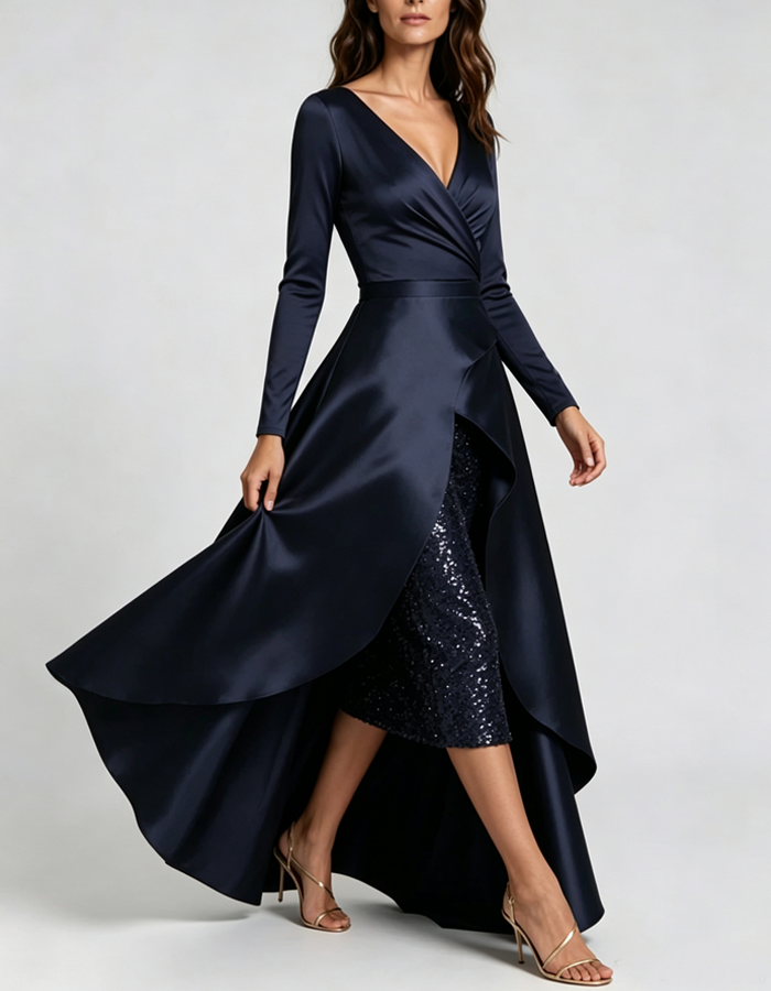 Abito maxi a portafoglio blu navy intenso, con scollo a V, maniche lunghe e orlo asimmetrico.