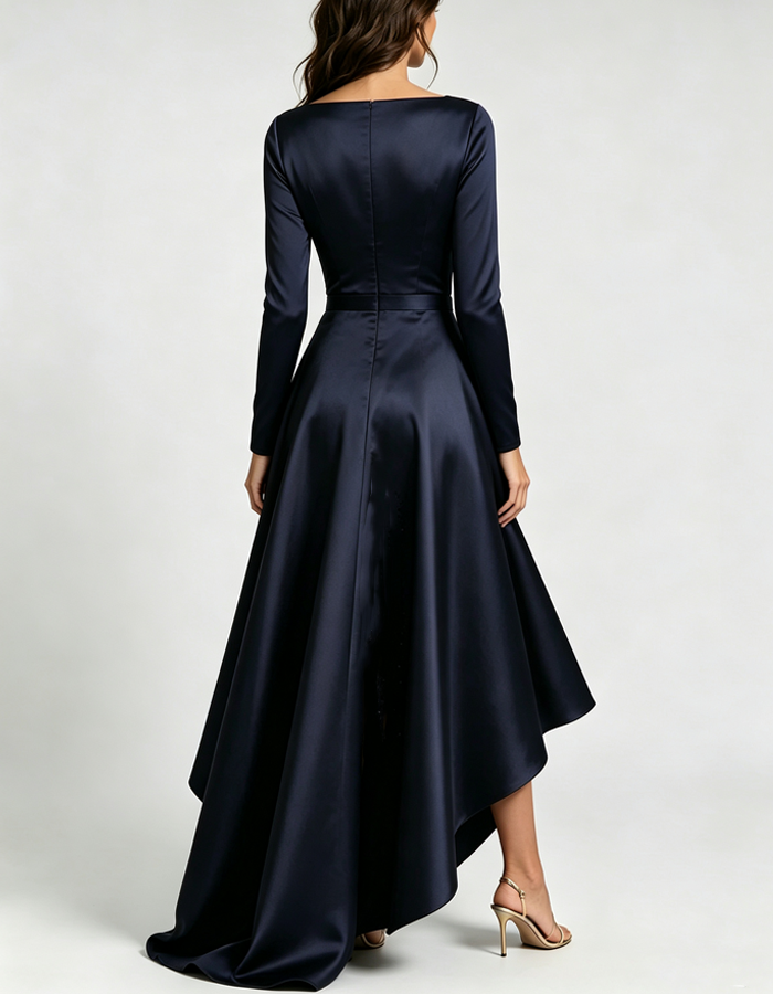 Abito maxi a portafoglio blu navy intenso, con scollo a V, maniche lunghe e orlo asimmetrico.