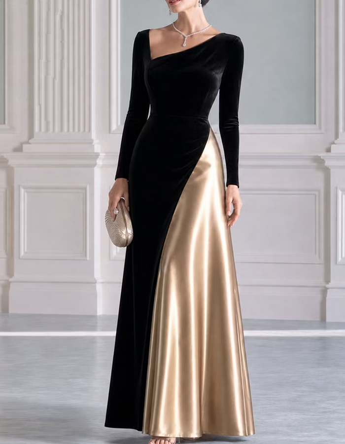 Schwarzes Samt- und goldfarbenes asymmetrisches Satin-Maxikleid mit langen Ärmeln