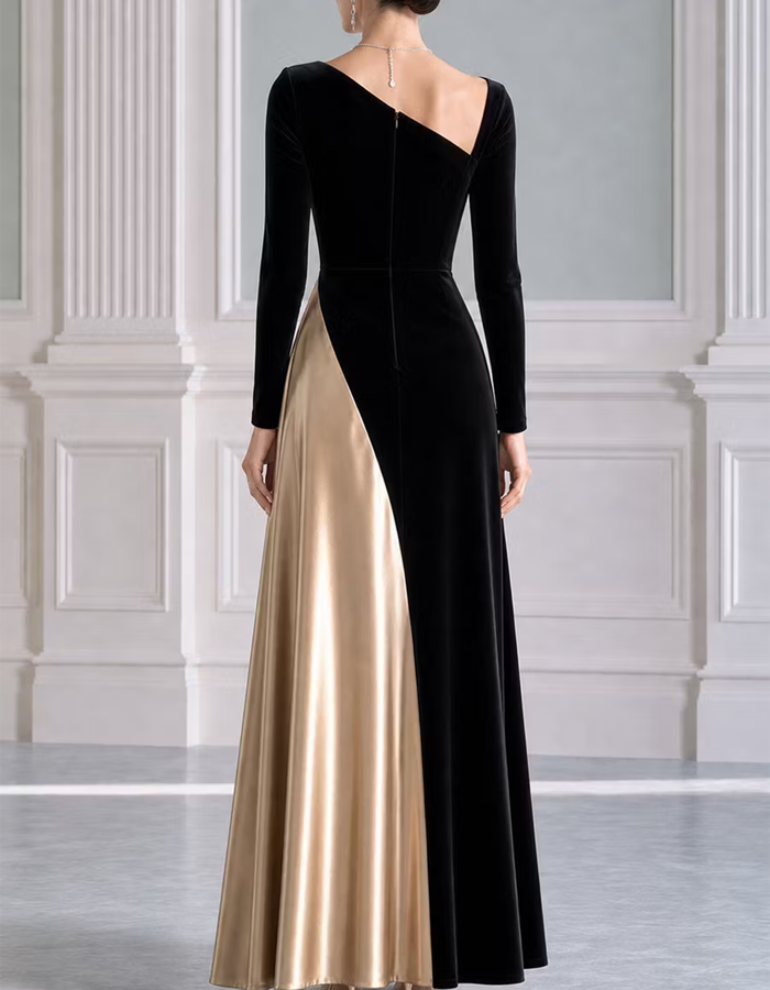 Schwarzes Samt- und goldfarbenes asymmetrisches Satin-Maxikleid mit langen Ärmeln