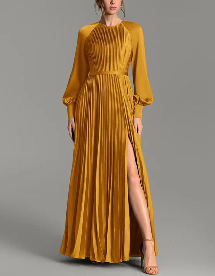 Mehrfarbiges Maxikleid aus Plissee-Satin mit Rundhalsausschnitt und langen Ärmeln