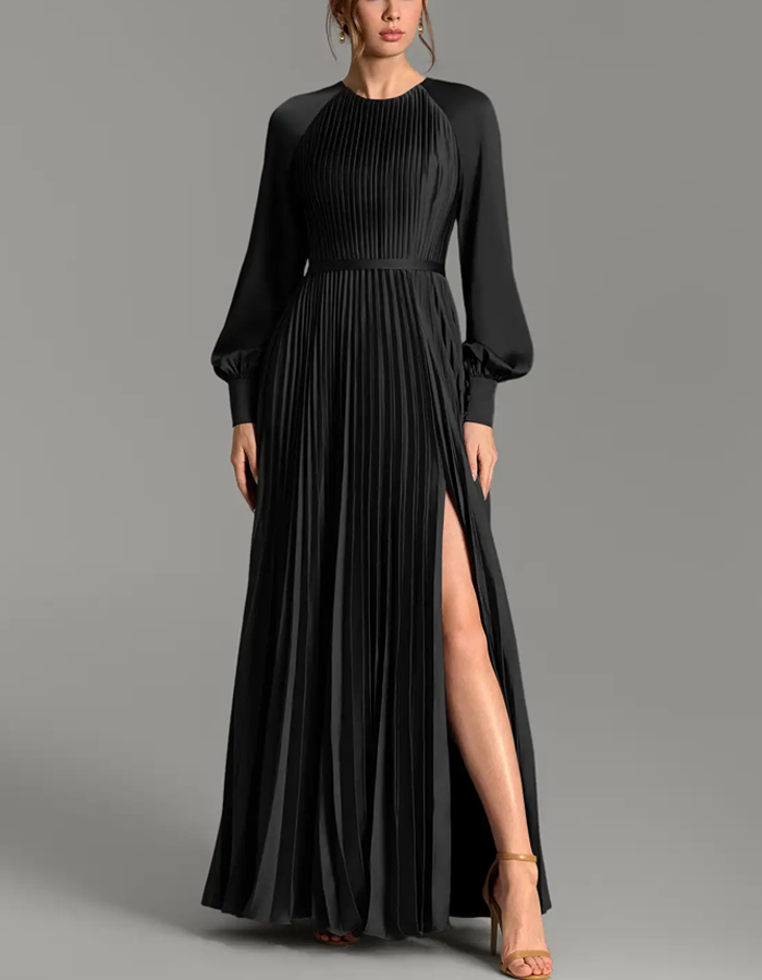 Mehrfarbiges Maxikleid aus Plissee-Satin mit Rundhalsausschnitt und langen Ärmeln