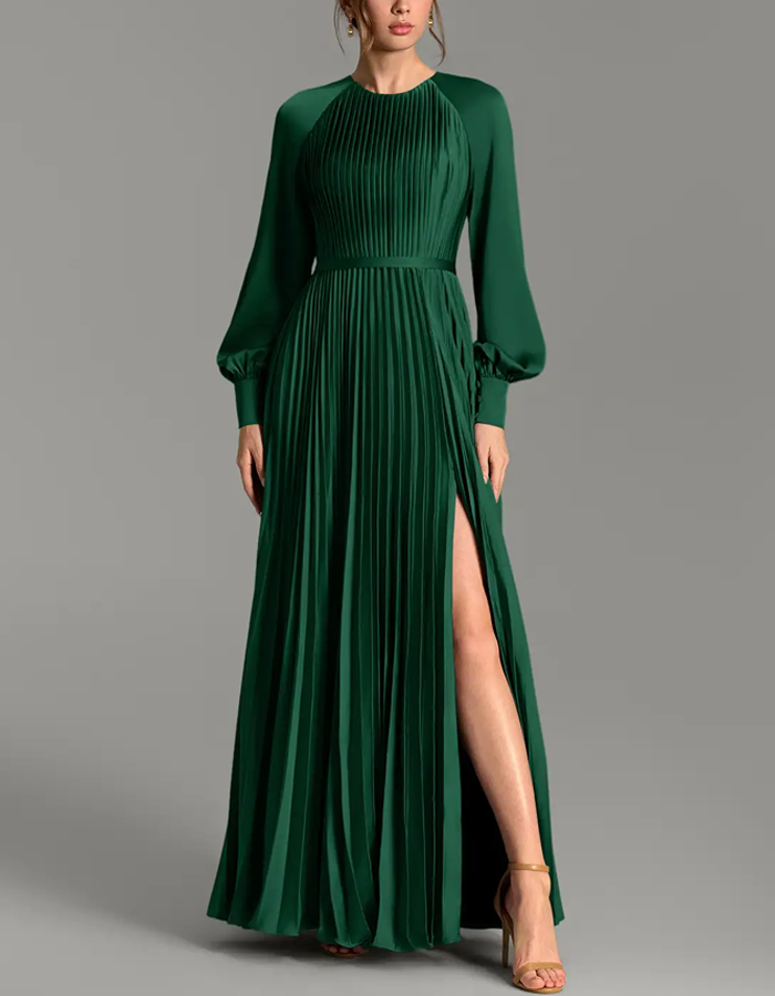 Mehrfarbiges Maxikleid aus Plissee-Satin mit Rundhalsausschnitt und langen Ärmeln