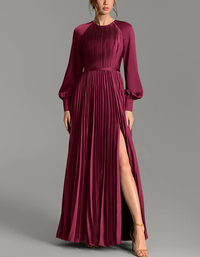 Mehrfarbiges Maxikleid aus Plissee-Satin mit Rundhalsausschnitt und langen Ärmeln