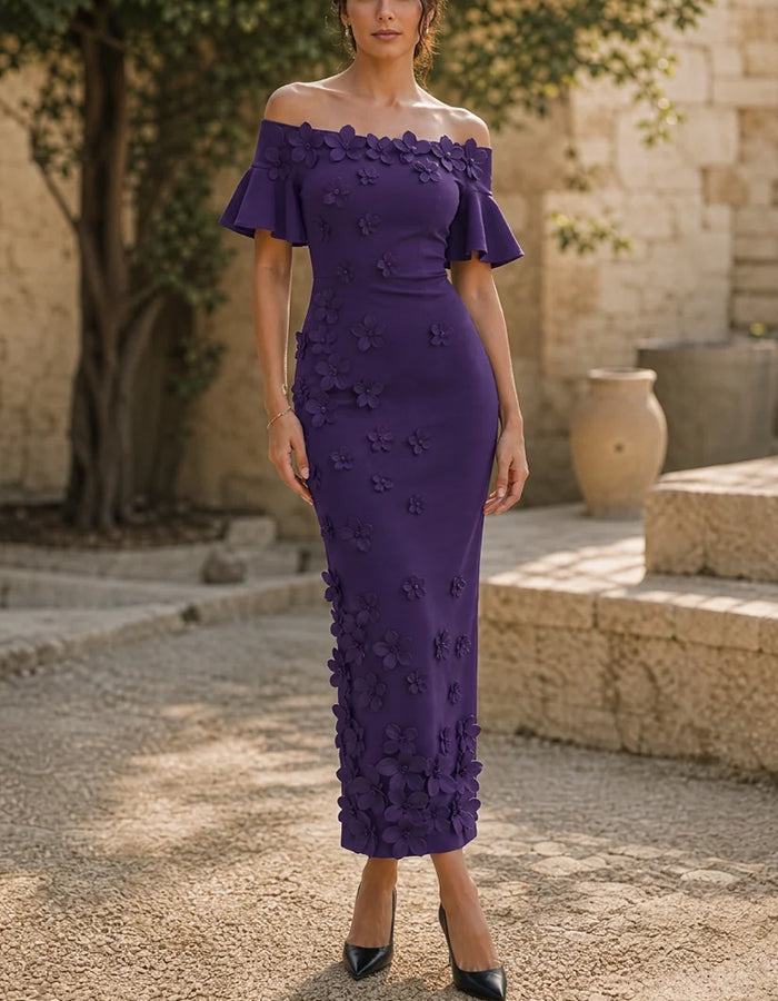 Schulterfreies Midikleid mit Volant-Kurzenärmeln und 3D-Blumenmuster