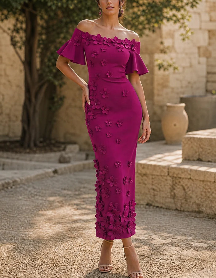 Schulterfreies Midikleid mit Volant-Kurzenärmeln und 3D-Blumenmuster