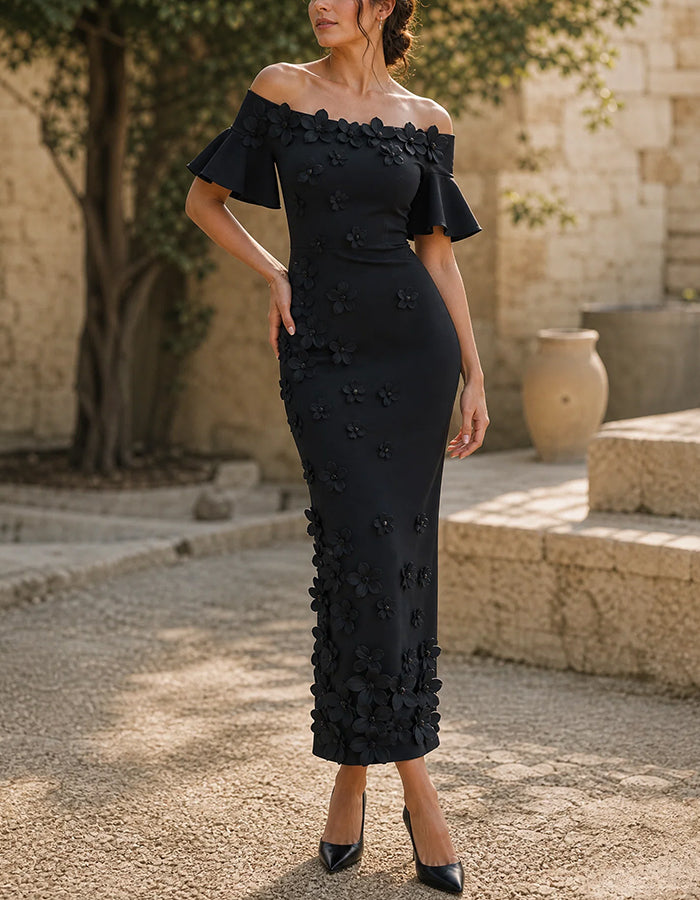 Schulterfreies Midikleid mit Volant-Kurzenärmeln und 3D-Blumenmuster