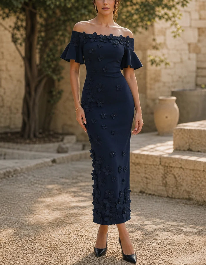 Schulterfreies Midikleid mit Volant-Kurzenärmeln und 3D-Blumenmuster