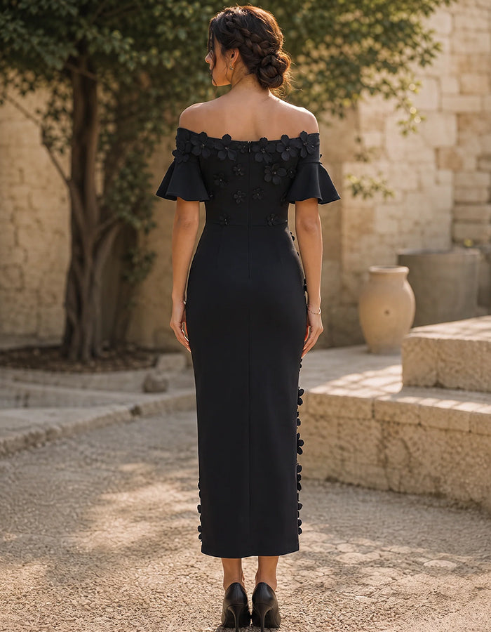 Schulterfreies Midikleid mit Volant-Kurzenärmeln und 3D-Blumenmuster