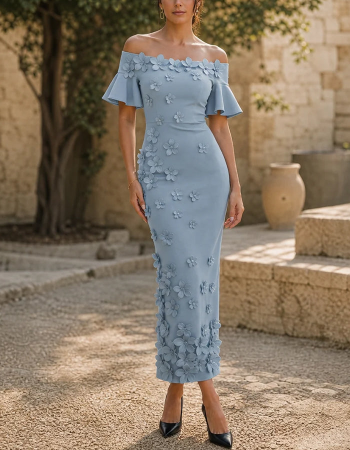 Schulterfreies Midikleid mit Volant-Kurzenärmeln und 3D-Blumenmuster