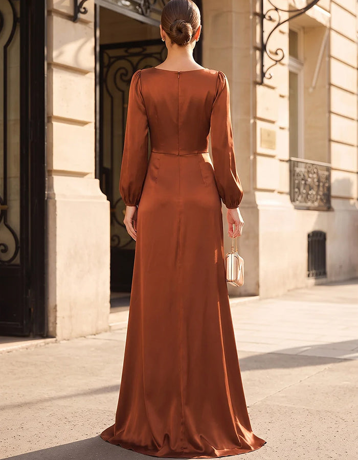 Satin-Maxikleid mit V-Ausschnitt, Puffärmeln, verdrehtem Knotendetail und hohem Schlitz