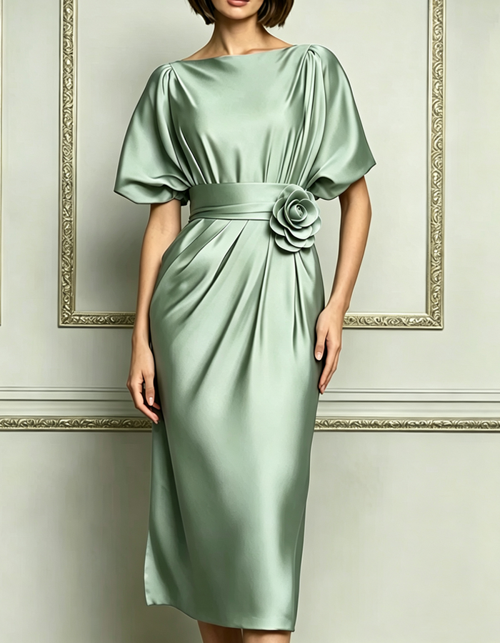 Kleid mit U-Boot-Ausschnitt, Satin-Batwing-Ärmeln, 3D-Rose und kurzen Ärmeln in Midi-Länge