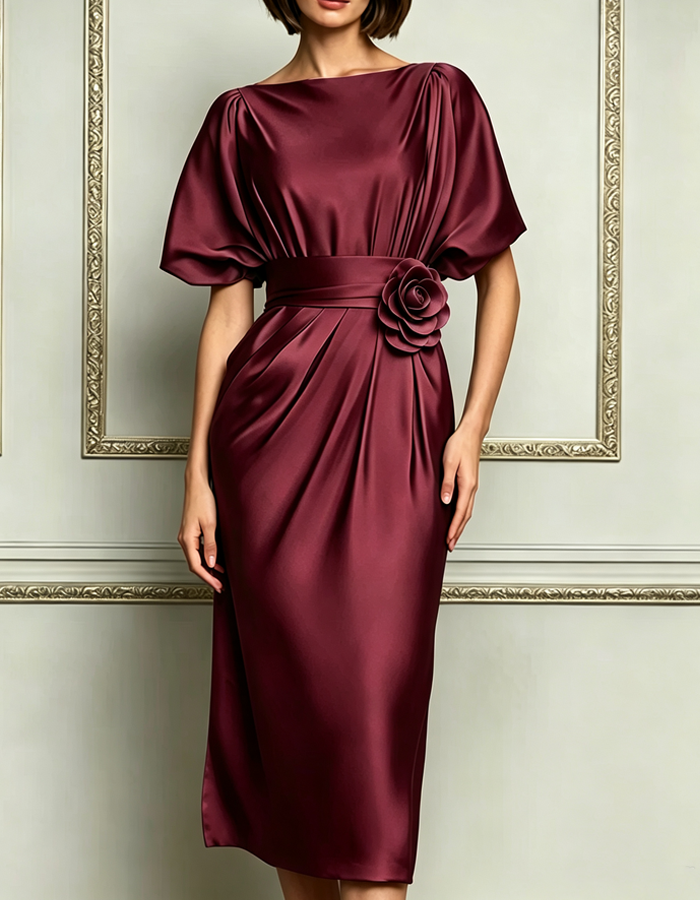 Kleid mit U-Boot-Ausschnitt, Satin-Batwing-Ärmeln, 3D-Rose und kurzen Ärmeln in Midi-Länge