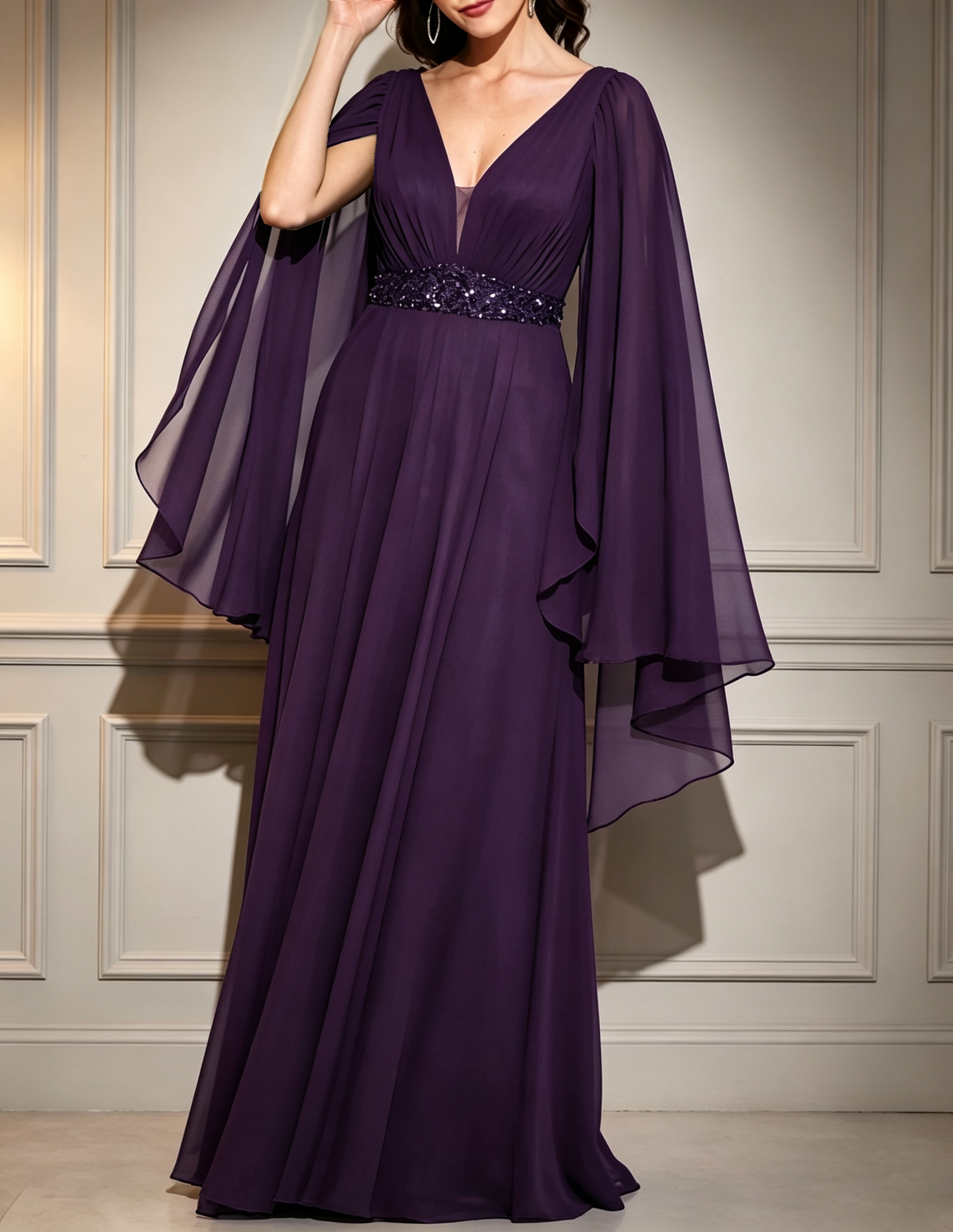 Formelles Maxi-Kleid mit V-Ausschnitt, Chiffon-Capeärmeln, Pailletten und Perlenverzierung am Taillenbund