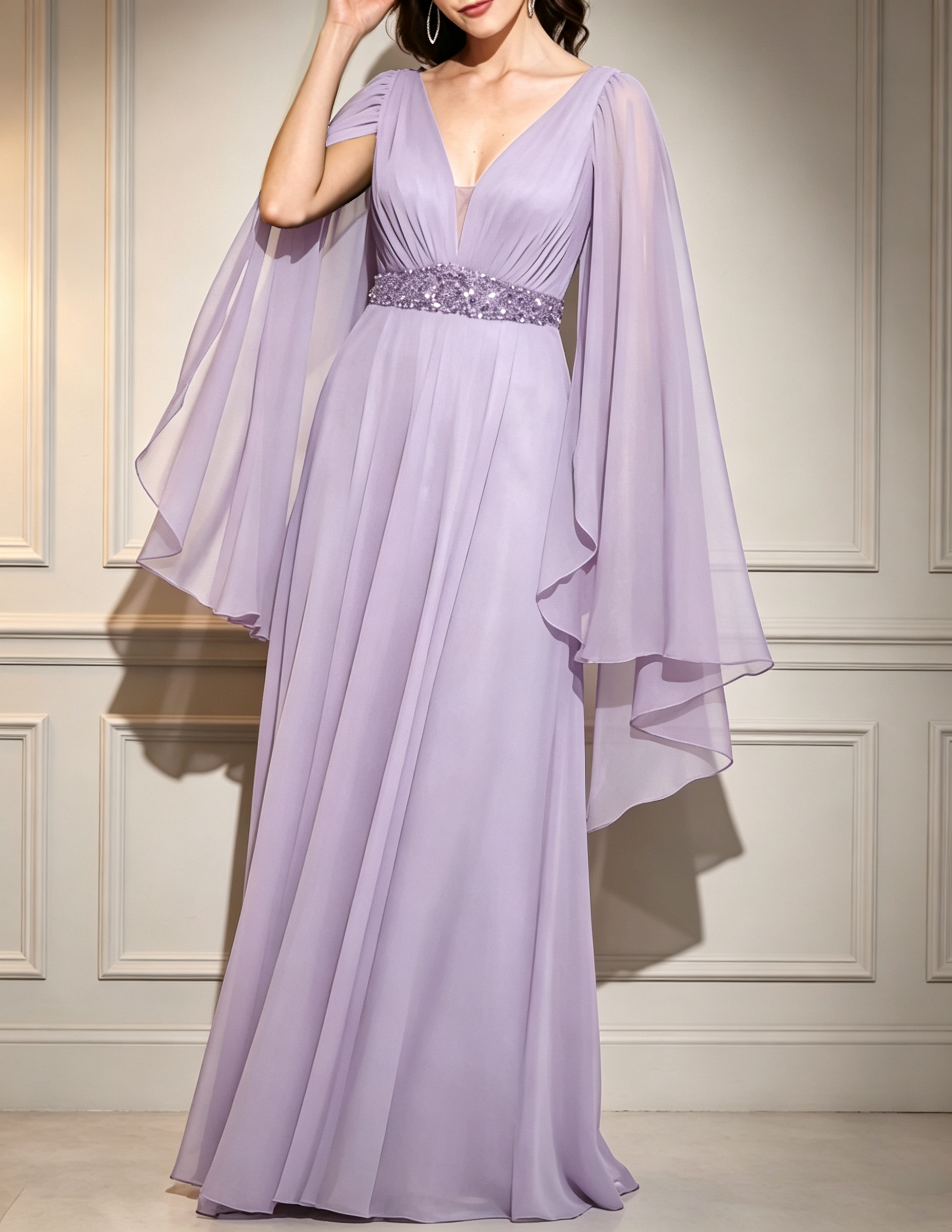 Formelles Maxi-Kleid mit V-Ausschnitt, Chiffon-Capeärmeln, Pailletten und Perlenverzierung am Taillenbund