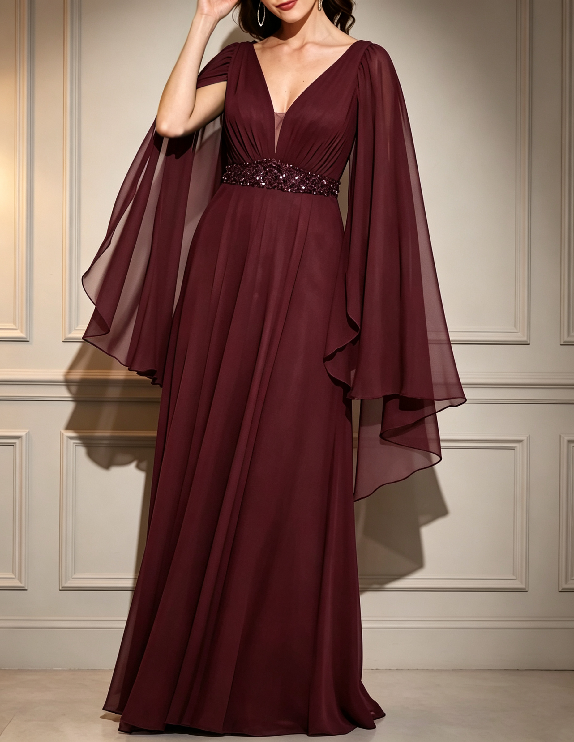 Formelles Maxi-Kleid mit V-Ausschnitt, Chiffon-Capeärmeln, Pailletten und Perlenverzierung am Taillenbund
