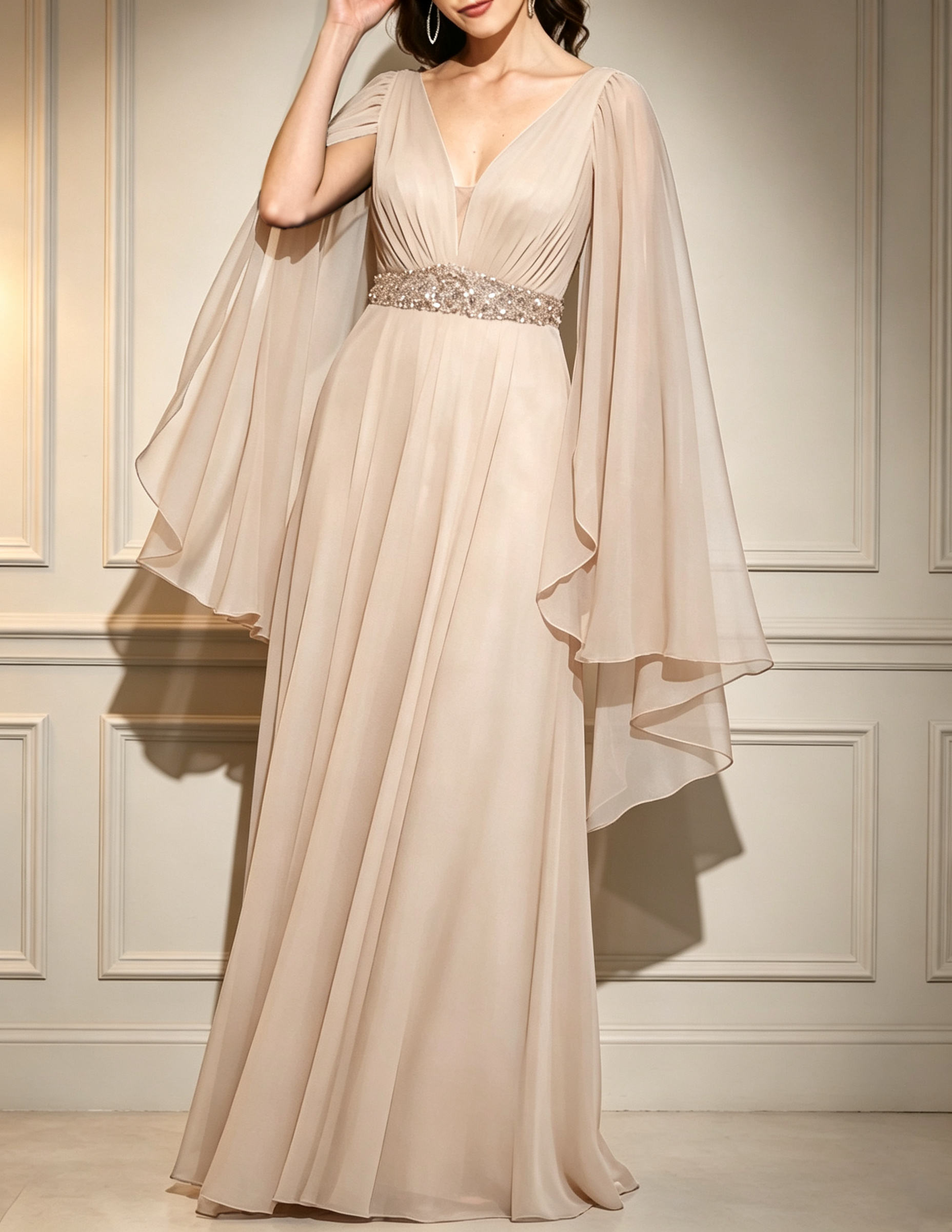 Formelles Maxi-Kleid mit V-Ausschnitt, Chiffon-Capeärmeln, Pailletten und Perlenverzierung am Taillenbund