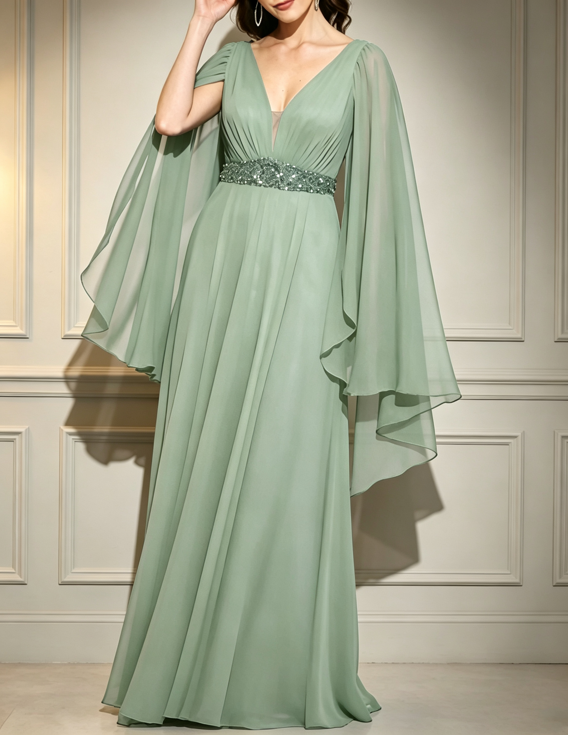Formelles Maxi-Kleid mit V-Ausschnitt, Chiffon-Capeärmeln, Pailletten und Perlenverzierung am Taillenbund